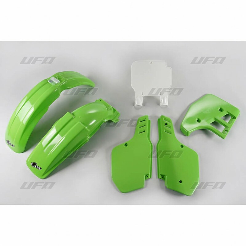 Kit Plastique UFO Vert/Blanc pour Moto Kawasaki KX125 (1989) Kit Plastique UFO Vert/Blanc pour Moto Kawasaki KX125 (1989)