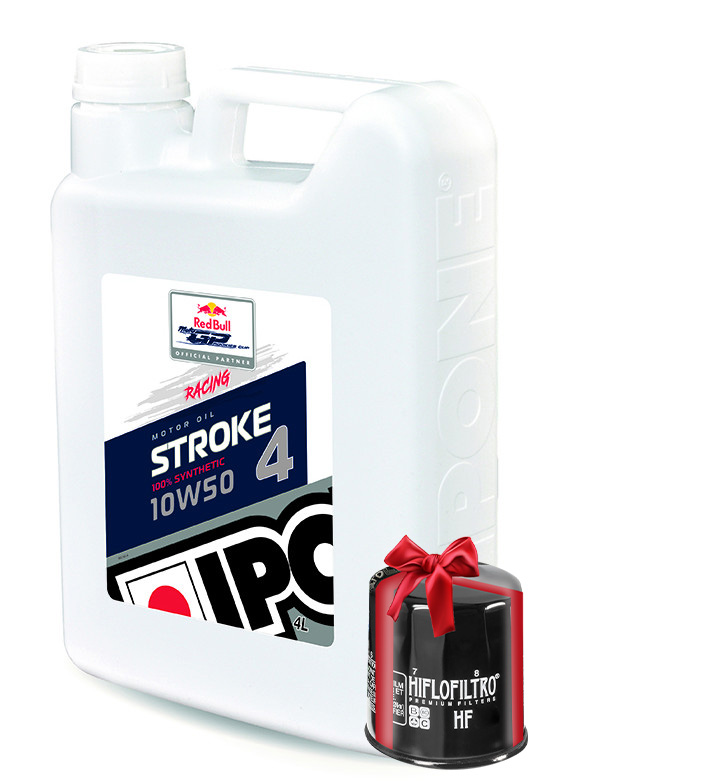 Huile moto Ipone Stroke 4 Racing 10W50, 4 Litres + Filtre a Huile Offert