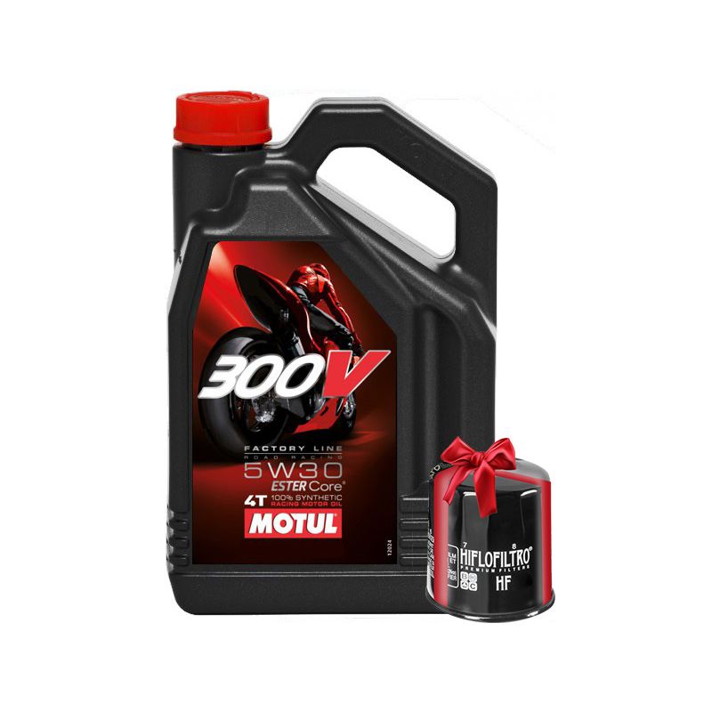 Huile moto Motul 300V 5W30 4 Litres Factory Line Road Racing + Filtre a Huile Offert