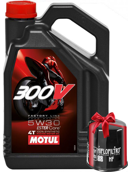 Huile moto Motul 300V 5W30 4 Litres Factory Line Road Racing + Filtre à Huile Offert