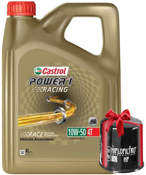 Huile moto Castrol Power 1 Racing 4T 10W50 Full Synthetic 4 Litres + Filtre à Huile Offert