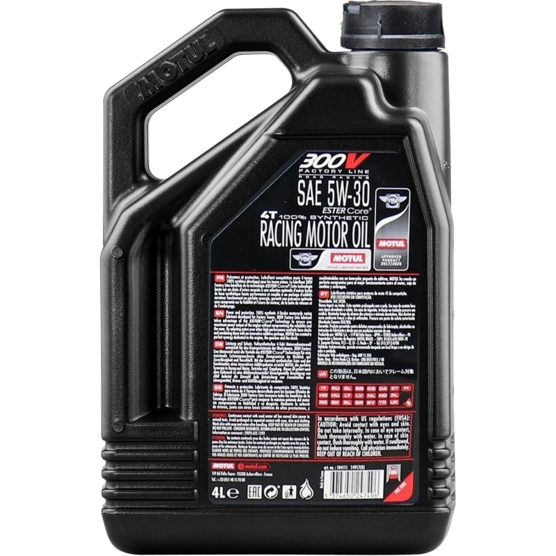 Huile moto Motul 300V 5W30 4 Litres Factory Line Road Racing + Filtre à Huile Offert Huile moto Motul 300V 5W30 4 Litres Factory Line Road Racing + Filtre à Huile Offert