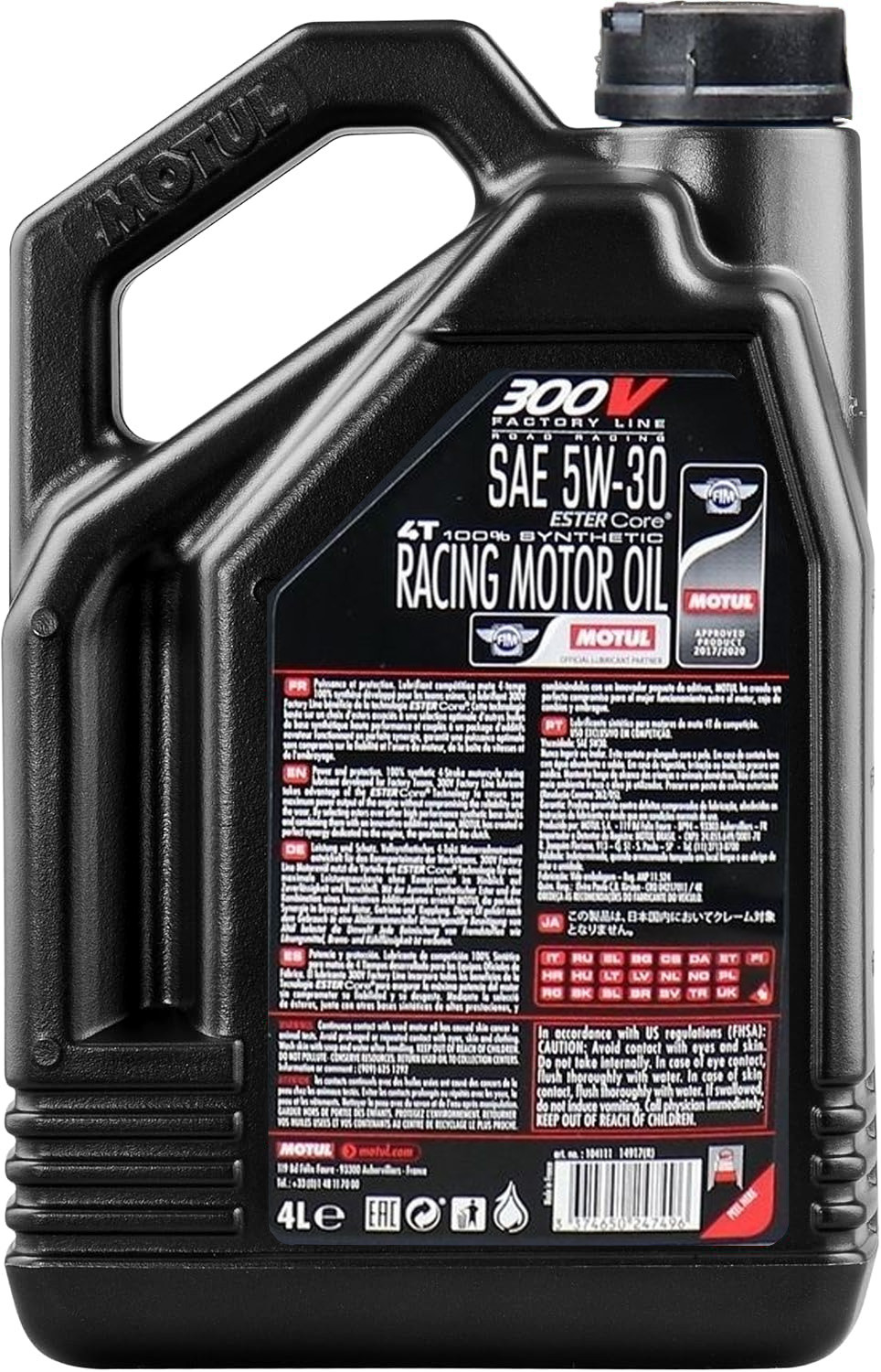 Huile moto Motul 300V 5W30 4 Litres Factory Line Road Racing + Filtre à Huile Offert