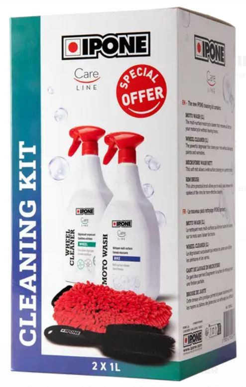 Pack Nettoyant Moto IPONE - Nettoyant Jantes + Nettoyant Multi-surface + Brosse de jantes + Gants de Lavage