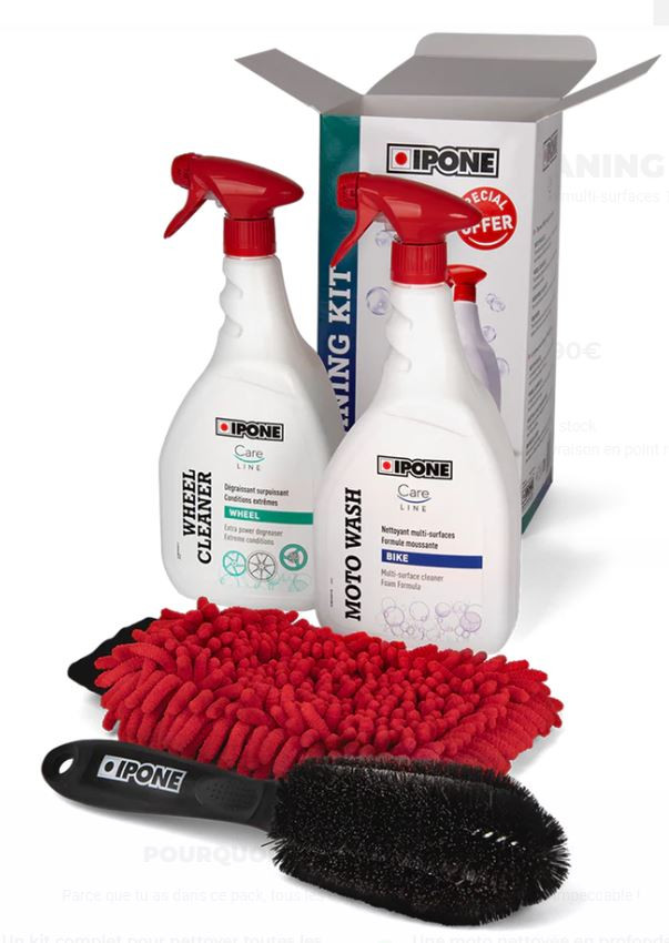 Pack Nettoyant Moto IPONE - Nettoyant Jantes + Nettoyant Multi-surface + Brosse de jantes + Gants de Lavage