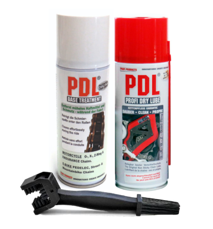Kit Entretien Chaîne PDL - Lubrifiant Profi Dry Lube + Nettoyant Profi Dry Base Treatment + Brosse