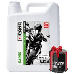 Huile moto Ipone R4000 RS 4T 15W50 4 Litres + Filtre à Huile Offert