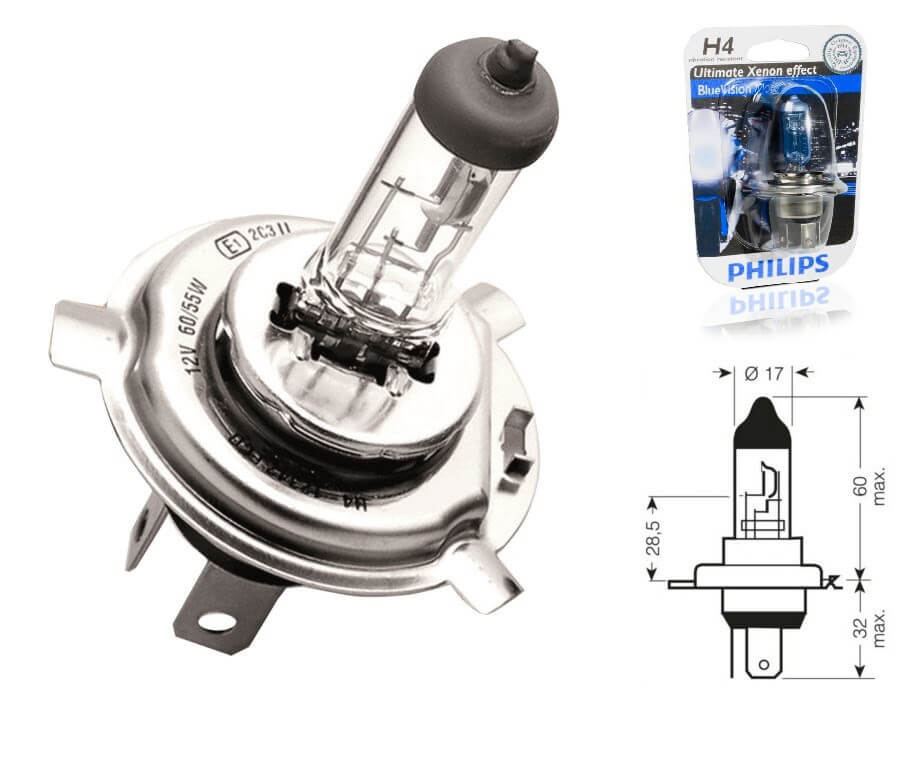 Ampoule H4 12V-55/60W PHILIPS BLUE VISION pour Moto-Quad-Scooter