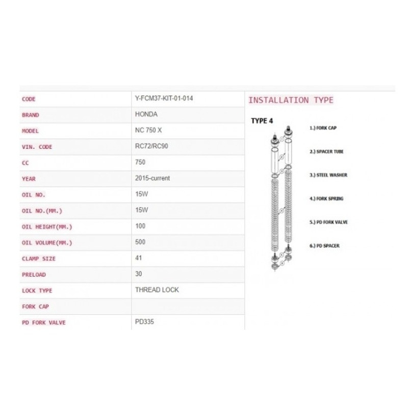 Kit de mise à niveau de fourche YSS pour Honda NC 750 X DCT (14-20) - Y-FCM37-KIT-01-014 Kit de mise à niveau de fourche YSS pour Honda NC 750 X DCT (14-20) - Y-FCM37-KIT-01-014