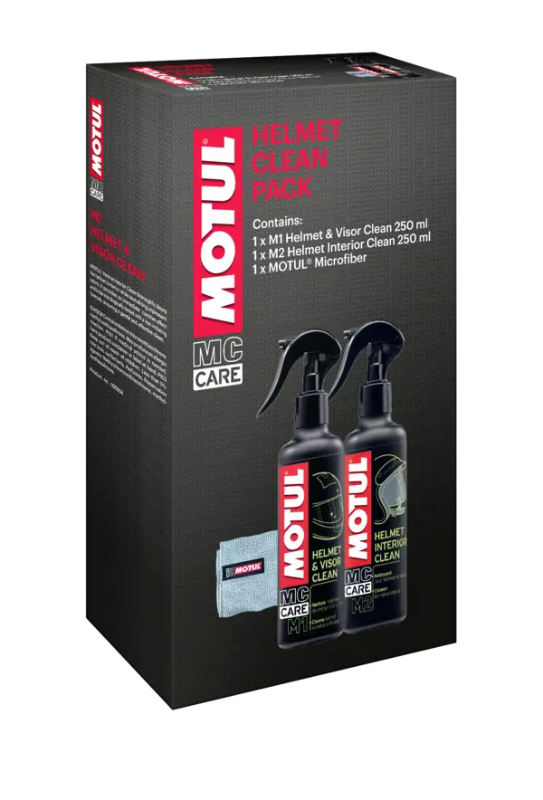 Pack Motul MC Care Box Nettoyant Intérieur et Extérieur Casque M1 + M2 + Chiffon Microfibre