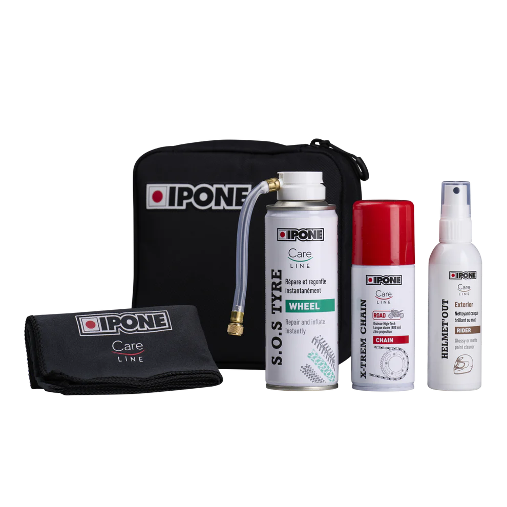 Kit road trip moto route Ipone, Graisse Chaine Road + Bombe Anti-Crevaison + Nettoyant Casque Intérieur + Lingette Microfibre + Pochette
